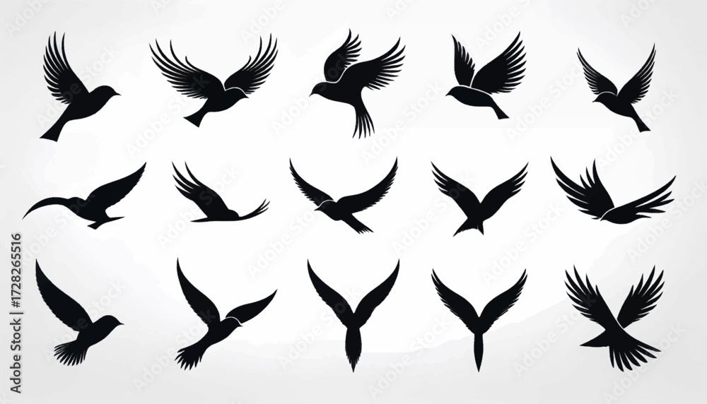 Obraz premium Silhouetted collection of various birds in flight, showcasing different wing positions and angles against a gradient background.