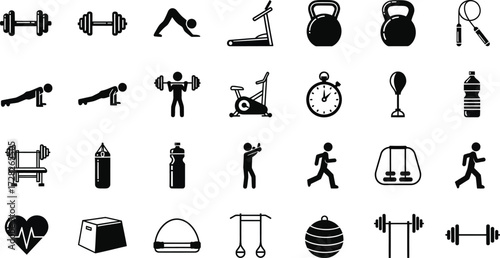 Fitness and gym equipment silhouettes, showcasing workout gear and exercise tools for health and wellness