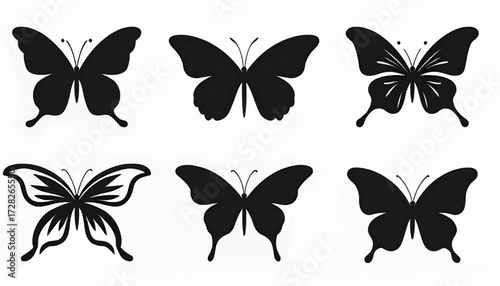 Six distinct black silhouette illustrations of butterflies, showcasing varied wing shapes and patterns against a white background.
