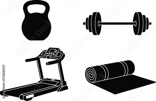 Silhouette of fitness equipment collection of gym essentials including kettlebell, dumbbell, treadmill, and yoga mat
