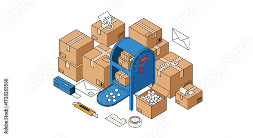 Illustrations of shipping and delivery services with a mailbox and many packages and boxes.
