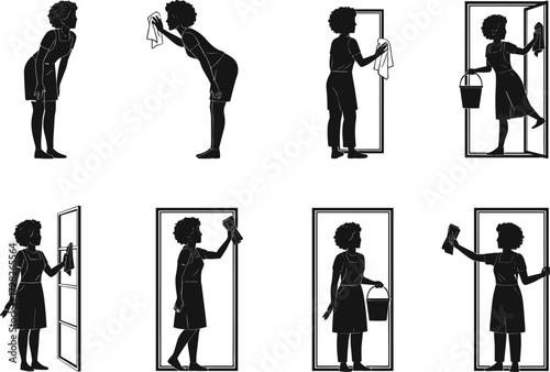 Silhouette cleaning, window washing, household chores, black figures, lifestyle illustration, hygiene activity