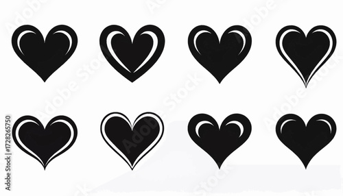 A collection of eight stylized black heart shapes with varying outlines and subtle curves, presented against a white background.