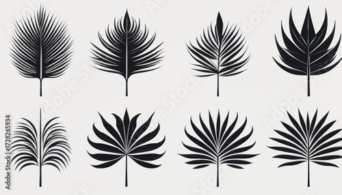 A collection of eight stylized black tropical palm leaf silhouettes on a light background.