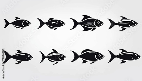 Eight stylized fish icons arranged in two rows, showcasing different shapes and fin designs in a uniform black color against a light background.