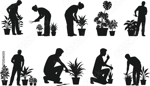 Silhouette gardening, plant care, watering flowers, pruning activity, black figures, horticulture lifestyle,