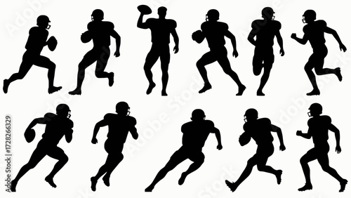 Silhouettes of rugby players' body movements, a collection of vector illustrations
