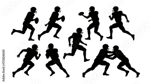 Silhouettes of rugby players' body movements, a collection of vector illustrations