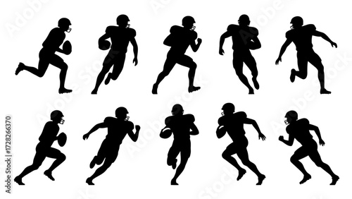 Silhouettes of rugby players' body movements, a collection of vector illustrations