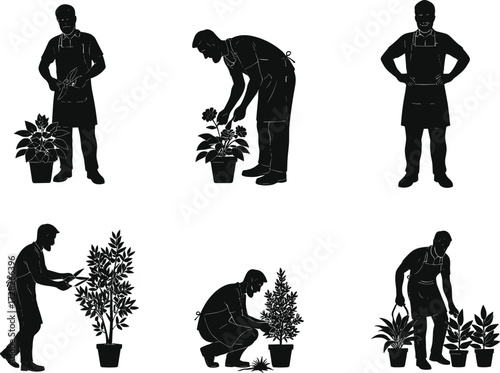 Silhouette gardening, plant care, watering activity, pruning plants, black figures, horticulture lifestyle,