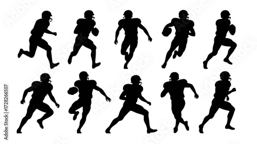 Silhouettes of rugby players' body movements, a collection of vector illustrations
