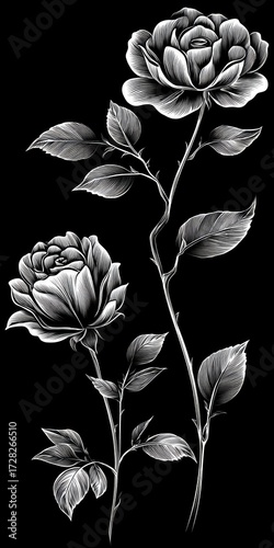 Elegant black and white roses with delicate detailing stand out against a striking black backdrop.