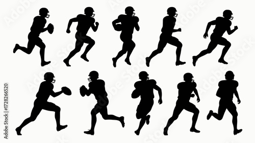 Silhouettes of rugby players' body movements, a collection of vector illustrations