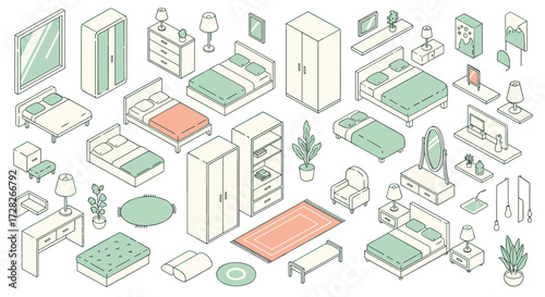 A collection of isometric bedroom furniture and decor items presented in a simple line art style.