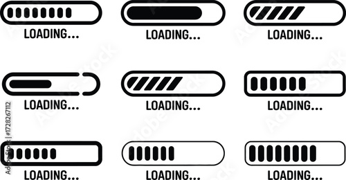 Collection of Diverse Loading Bar Icons with Progress Indicators