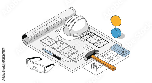 Construction blueprint with safety gear hammer and drafting tools laid out on a white background.