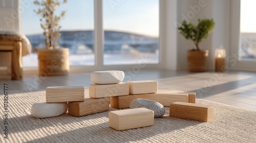 Pile of Wooden Toy Blocks on Beige Knitted Rug in Bright Room with Natural Light and Window View