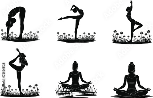 Silhouette yoga, meditation poses, mindfulness practice, standing balance, black figures, wellness lifestyle, spiritual activity, r