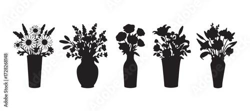 A collection of wild and garden flowers in vases and bottles, placed on a white background. A bunch of bouquets. A set of decorative floral design elements. Vector illustration