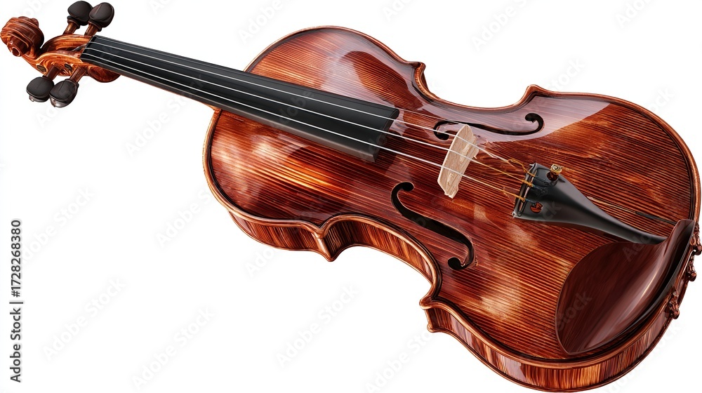 Fototapeta premium A richly-hued violin, angled slightly, showcases its polished, reddish-brown wood grain, intricate detailing, and four strings, set against a stark white background