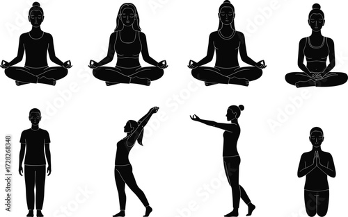 Silhouette yoga, meditation poses, mindfulness practice, standing posture, black figures, wellness lifestyle,
