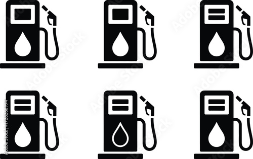 Six Black Icons of Gas Pumps on White Background