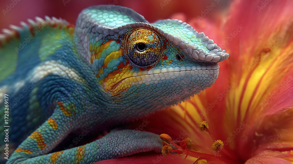 Obraz premium A close-up shot of a chameleon as it adjusts its color to match the bright patterns of a tropical flower (1)