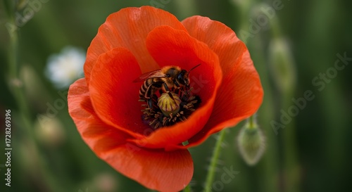 Red poppy flower with bee