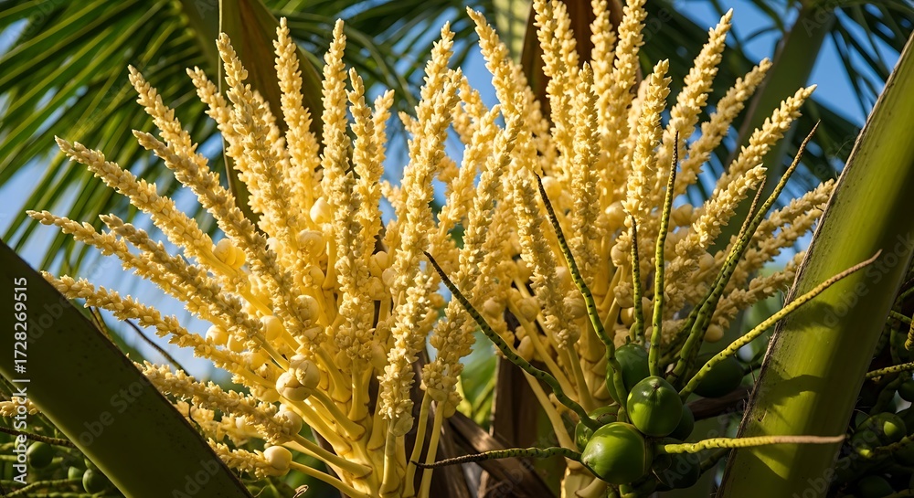 Fototapeta premium Closeup of a coconut palm trees inflorescence, showcasing delicate yellow flowers and developing green coconuts against a backdrop of lush green fronds and blue sky