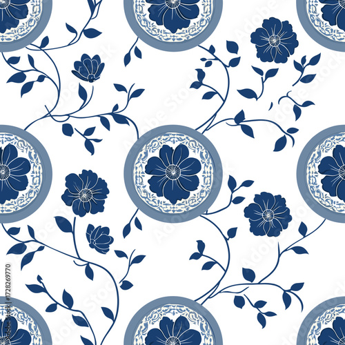 Korean blue floral porcelain seamless pattern, traditional oriental textile design