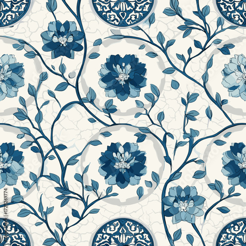 Korean blue floral porcelain seamless pattern, traditional oriental textile design