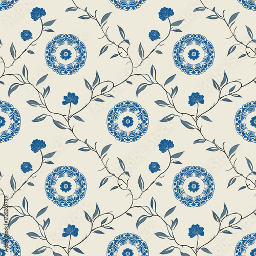 Korean blue floral porcelain seamless pattern, traditional oriental textile design