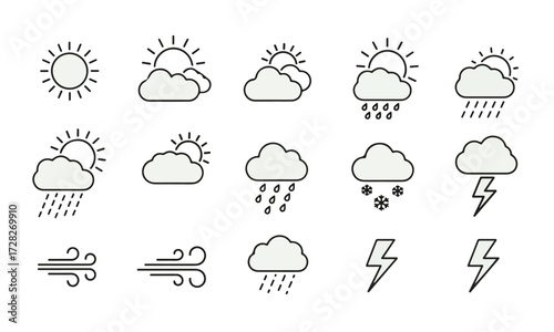 Outline Weather Icon Set: Sun, Clouds, Rain, Snow, and Wind

