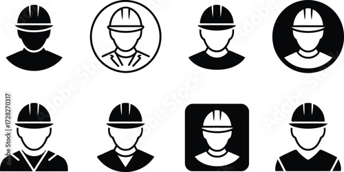 Collection of Construction Worker Icons in Black and White