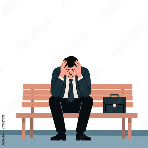 Stressed Businessman Sitting on Bench.