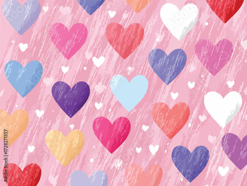 カラフルなハートが散りばめられた、ピンク色の背景に描かれた愛らしいベクターイラストレーション。