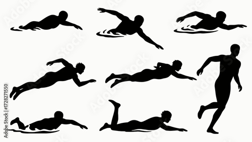 Silhouettes of swimmers' body movements, a collection of vector illustrations