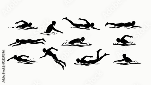 Silhouettes of swimmers' body movements, a collection of vector illustrations