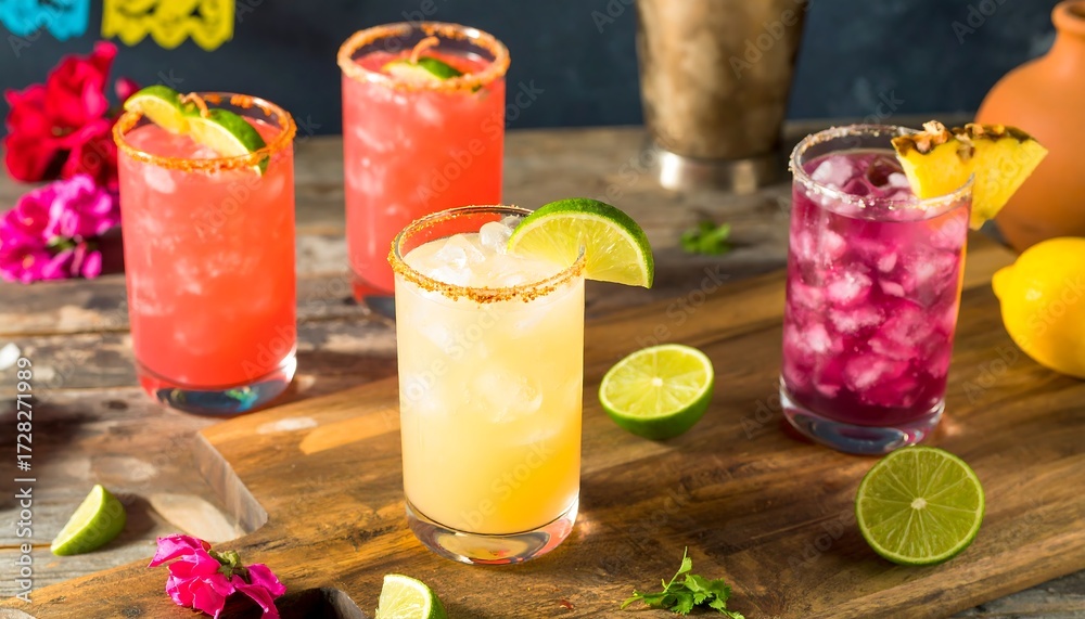 Fototapeta premium Colorful cocktails on a wooden board