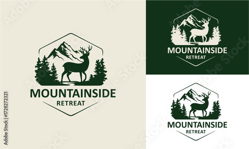 vintage logo of a deer standing against a mountain background