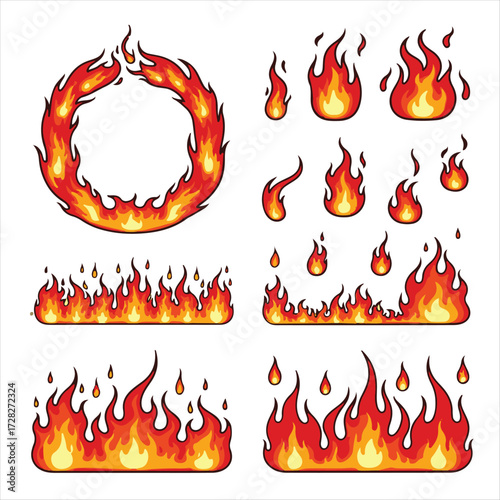 Cartoon fire and campfire. Red flames, bright fireballs, burning rings, wildfire borders, and hot bonfire elements. Fiery flame frames. Vector isolated set.