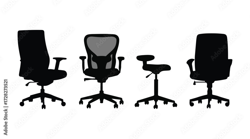 Obraz premium A collection of black silhouettes depicting office chairs with wheels. Contemporary furniture designed for the business workspace. Vector images set against a white background.