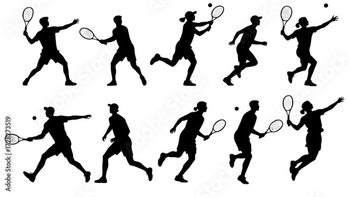 Silhouette of tennis players' body movements, a collection of vector illustrations