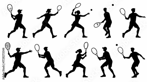 Silhouette of tennis players' body movements, a collection of vector illustrations