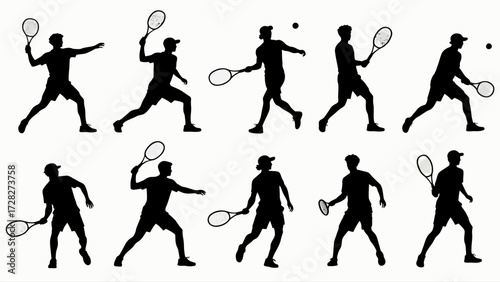 Silhouette of tennis players' body movements, a collection of vector illustrations