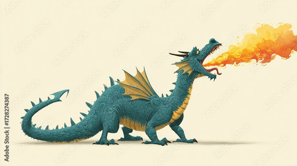 Obraz premium Cartoon dragon, teal colored, spitting orange fire, fantasy creature