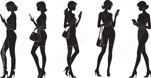 Stylish Women Silhouettes Using Smartphones: A Collection of Modern Vector Illustrations for Digital and Print Media

