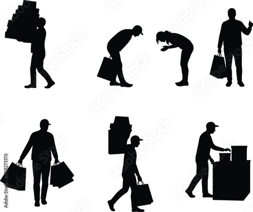 Shopping silhouettes, people carrying bags, retail consumer behavior, fashion buyers, mall shopping,