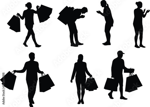 Silhouette shoppers, people carrying shopping bags, retail consumer behavior, fashion buyers, mall shopping
