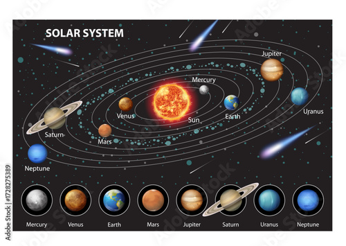 Solar System Diagram – Labeled Planetary Orbits and Cosmic Elements for Educational and Astronomy Design Projects Vector Illustration